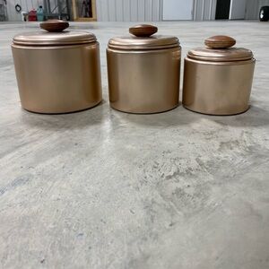 Vintage Mirro Aluminum Rose Gold Copper Canister Set of 3 Nesting MCM Wood Knob